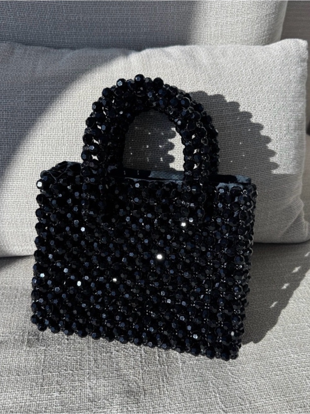 Black Beaded Tote Handbag - handmade